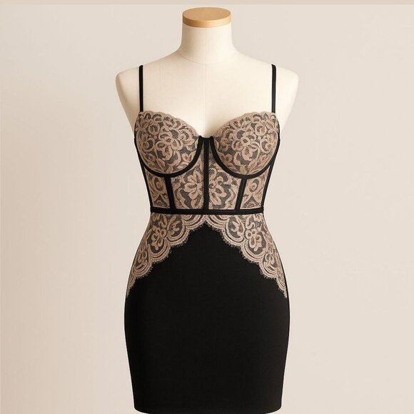 Blashe ✦ Black & Pink Lace Bustier Mini Dress ✦ Curve-Hugging w/ Padded Cups L - Picture 3 of 16